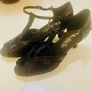 Very Fine Dance Shoes 2707 Blk Leather Satin Open Toe Size 10 Latin Competition